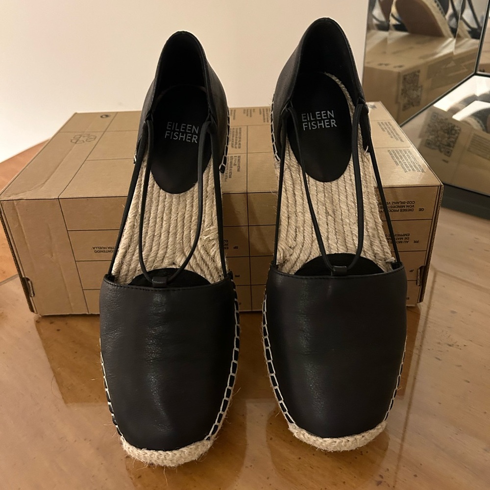 Eileen Fisher Espadrille flats, Black leather, size 8